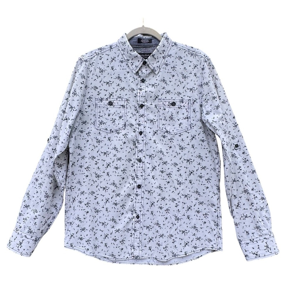Eighty Eight Platinum Button-Up Shirt Mens L White Black‎ Floral Long Sleeve